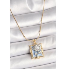 316L Çelik Gold Renk Zincir Gümüş İncili Gül Mavi Portre Model Kadın Kolye - TJ-BKO9905