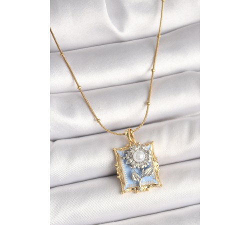 316L Çelik Gold Renk Zincir Gümüş İncili Gül Mavi Portre Model Kadın Kolye - TJ-BKO9905