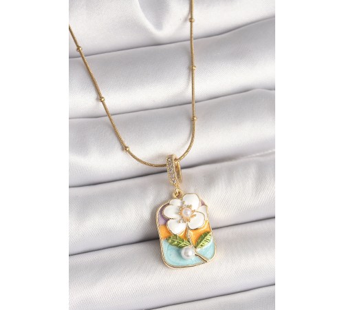 316L Çelik Gold Renk Topçuk Zincir Renkli Beyaz Çiçek Portre Model İnci Detay Kadın Kolye - TJ-BKO9906