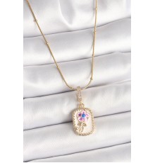 316L Çelik Gold Renk Topçuk Zincir Zirkon Taş Detaylı Beyaz Sedefli Çiçek İşleme Portre Model Kadın Küpe - TJ-BKO9907