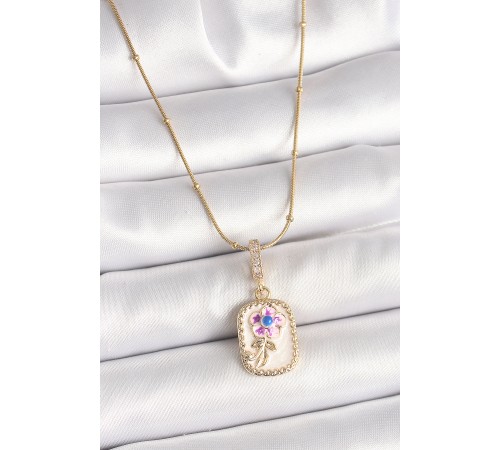 316L Çelik Gold Renk Topçuk Zincir Zirkon Taş Detaylı Beyaz Sedefli Çiçek İşleme Portre Model Kadın Küpe - TJ-BKO9907