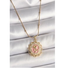 316L Çelik Gold Renk Topçuk Zincir Zirkon Taş Detaylı Pembe Gül İşlemeli Portre Model Kadın Kolye - TJ-BKO9908