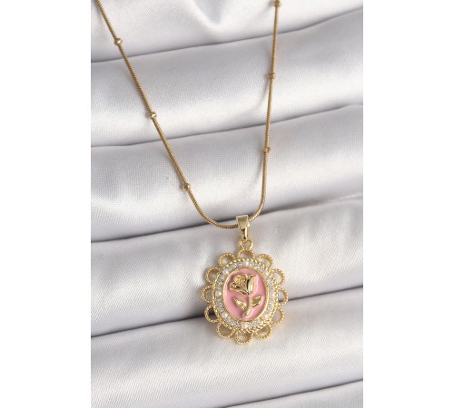 316L Çelik Gold Renk Topçuk Zincir Zirkon Taş Detaylı Pembe Gül İşlemeli Portre Model Kadın Kolye - TJ-BKO9908