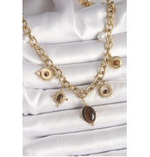 316L Çelik Gold Renk Kaplan Göz Taşlı Göz Figür Kadın Kolye - TJ-BKO9910