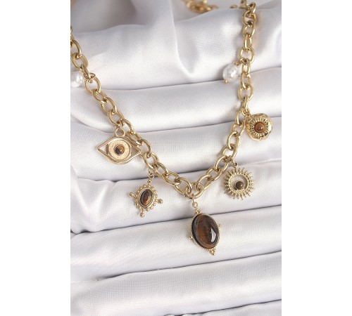 316L Çelik Gold Renk Kaplan Göz Taşlı Göz Figür Kadın Kolye - TJ-BKO9910