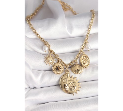 316L Çelik Gold Renk Ay Güneş Figür Deniz Kabuğu Detay Kadın Kolye - TJ-BKO9913