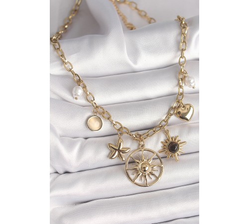 316L Çelik Gold Renk Güneş Model Siyah Mineli Güneş Detay Kadın Kolye - TJ-BKO9914
