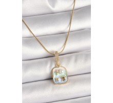 316L Çelik Gold Renk Zirkon Taşlı Mavi Deniz Kabuğu Yıldızı İşlemeli Portre Model Kadın Kolye - TJ-BKO9916