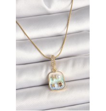 316L Çelik Gold Renk Zirkon Taşlı Mavi Deniz Kabuğu Yıldızı İşlemeli Portre Model Kadın Kolye - TJ-BKO9916