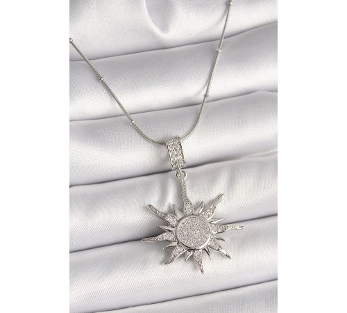 316L Çelik Gümüş Renk Zirkon Taşlı Sallantı Güneş Model Topçuk Zincir Kadın Kolye - TJ-BKO9917