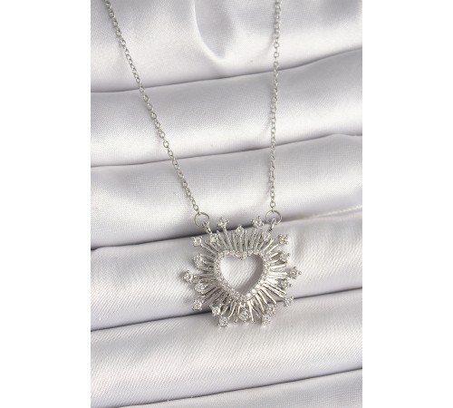 316L Çelik Gümüş Renk Zirkon Taşlı Kalp Model Kadın Kolye - TJ-BKO9919