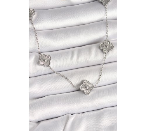 316L Çelik Gümüş Renk Zincir İşlemeli Yonca Model Kadın Kolye - TJ-BKO9923