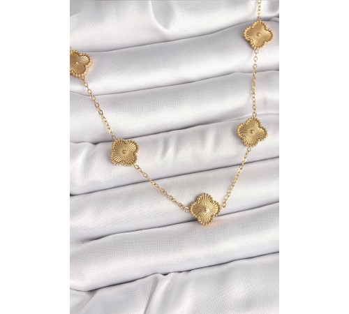 316L Çelik Gold Renk Zincir İşlemeli Yonca Model Kadın Kolye - TJ-BKO9924