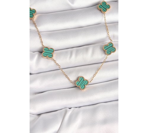 316L Çelik Gold Renk Zincir Yeşil Yonca Model Kadın Kolye - TJ-BKO9925