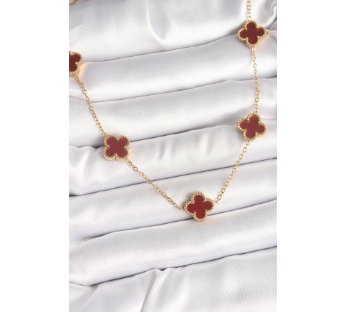 316L Çelik Gold Renk Zincir Bordo Yonca Model Kadın Kolye - TJ-BKO9926