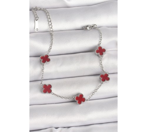 316L Çelik Gümüş Renk Kırmızı Yonca Model Kadın Bileklik - TJ-BB6866