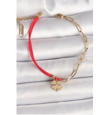 316L Çelik Gold Renk Zincir Kırmızı İp Model Sallantı Yonca Figür Kadın Bileklik - TJ-BB6867