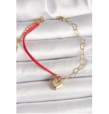 316L Çelik Gold Renk Zincir Kırmızı İp Model Sallantı Kalp Figür İşleme Detaylı Kadın Bileklik - TJ-BB6868