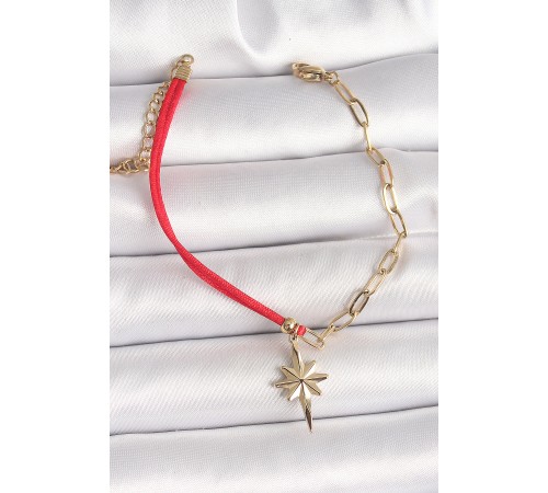 316L Çelik Gold Renk Zincir Kırmızı İp Model Sallantı Kutup Yıldız Figür Kadın Bileklik - TJ-BB6869