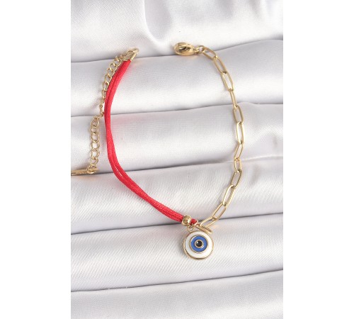 316L Çelik Gold Renk Zincir Kırmızı İp Model Sallantı Nazar Boncuk Figür Kadın Bileklik - TJ-BB6870