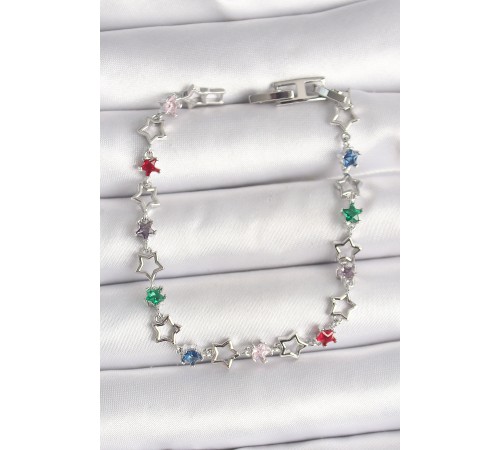 Pirinç Gümüş Renk Renkli Zirkon Taşlı Yıldız Model Kadın Bileklik - TJ-BB6871