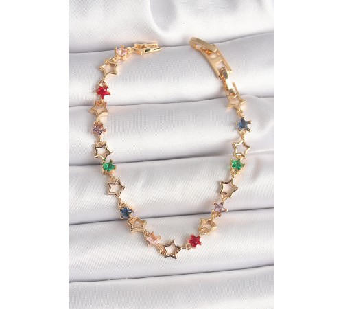 Pirinç Gold Renk Renkli Zirkon Taşlı Yıldız Model Kadın Bileklik - TJ-BB6872