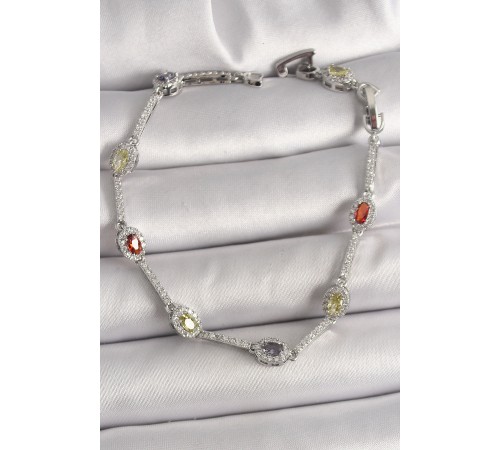 Pirinç Gümüş Renk Renkli Zirkon Taşlı Damla Taş Model Kadın Bileklik - TJ-BB6873