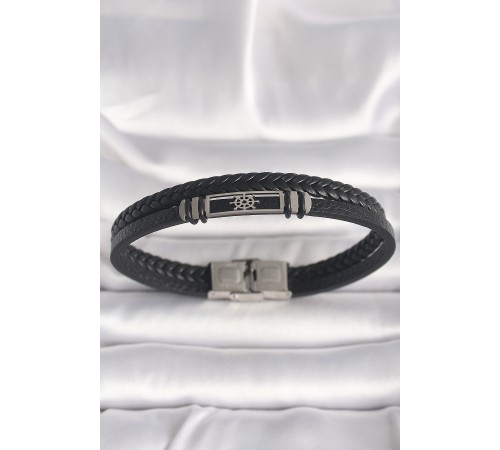 316L Çelik Gümüş Renk Gemi Dümeni Figür Siyah Burgu Deri Kordon Model Erkek Bileklik - TJ-EB3701