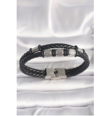 316L Çelik Gümüş Renk Aksesuarlı Siyah Burgu Deri Kordon Model Erkek Bileklik - TJ-EB3702