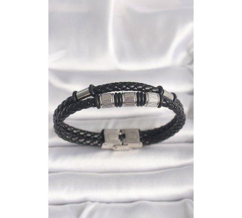 316L Çelik Gümüş Renk Aksesuarlı Siyah Burgu Deri Kordon Model Erkek Bileklik - TJ-EB3702