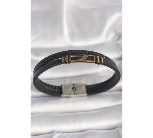 316L Çelik Gold Renk Kanat Aksesuarlı Siyah Burgu Model Deri Kordon Erkek Bileklik - TJ-EB3703