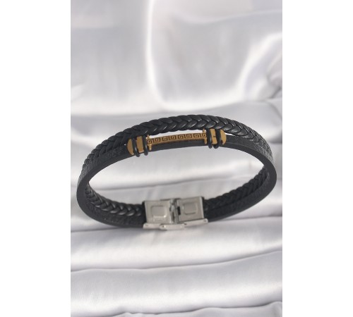 316L Çelik Gold Renk ZikZak İşlemeli Aksesuarlı Çift Sıra Burgu Desenli Deri Kordon Erkek Bileklik - TJ-EB3705