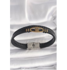 316L Çelik Gold Renk Gemi Dümen Figür Siyah Renk Çift Sıra Burgu Desenli Deri Kordon Erkek Bileklik - TJ-EB3706