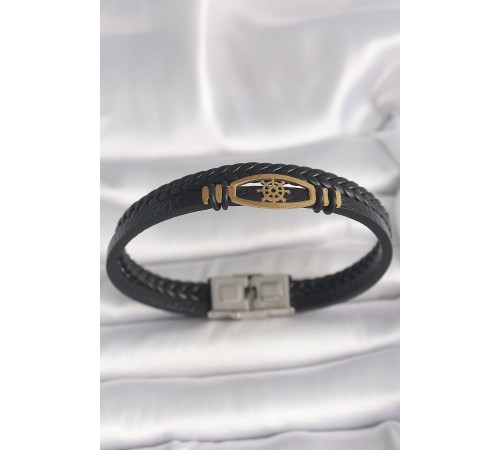 316L Çelik Gold Renk Gemi Dümen Figür Siyah Renk Çift Sıra Burgu Desenli Deri Kordon Erkek Bileklik - TJ-EB3706