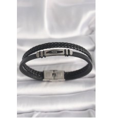 316L Çelik Gümüş Renk Aksesuarlı Çift Sıra Siyah Burgu Desenli Deri Kordon Erkek Bileklik - TJ-EB3707