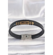 316L Çelik Gold Renk Aksesuarlı Çift Sıra Siyah Burgu Desenli Deri Kordon Erkek Bileklik - TJ-EB3708