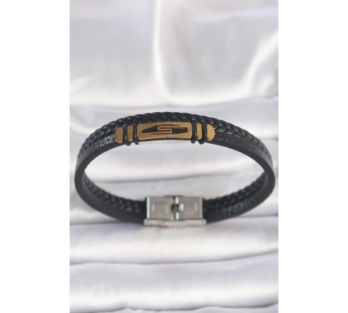 316L Çelik Gold Renk Aksesuarlı Çift Sıra Siyah Burgu Desenli Deri Kordon Erkek Bileklik - TJ-EB3708