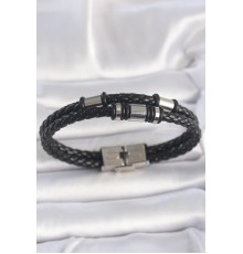 316L Çelik Gümüş Renk Aksesuarlu Çift Sıra Siyah Burgu Desenli Deri Kordon Erkek Bileklik - TJ-EB3709