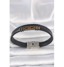 316L Çelik Gold Renk Aksesuarlı Çift Sıra Siyah Burgu Desenli Deri Kordon Erkek Bileklik - TJ-EB3710