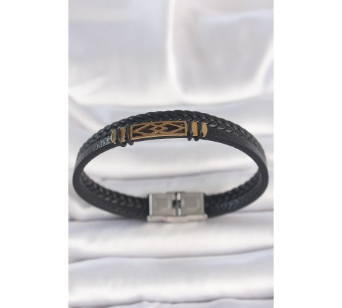 316L Çelik Gold Renk Aksesuarlı Çift Sıra Siyah Burgu Desenli Deri Kordon Erkek Bileklik - TJ-EB3710