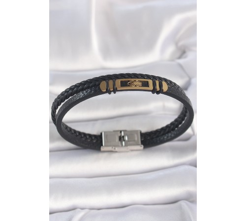316L Çelik Gold Renk Örümcek Figür Çift Sıra Burgu Desenli Deri Kordon Erkek Bileklik - TJ-EB3711