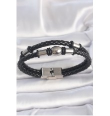 316L Çelik Gümüş Renk Aksesuarlı Çift Sıra Burgu Desenli Deri Kordon Erkek Bileklik - TJ-EB3712