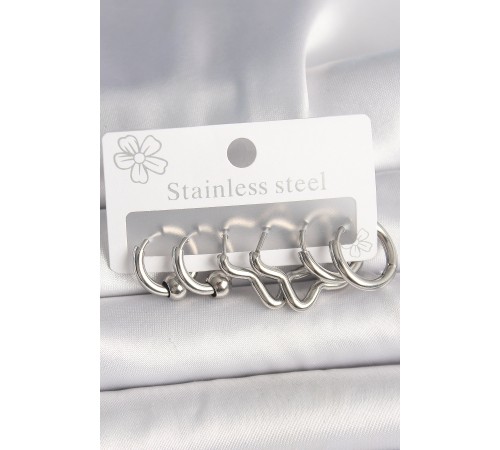 316L Çelik Gümüş Renk Halka Yıldız Model Kadın Küpe Seti - TJ-BKP10382