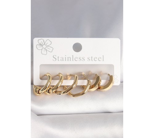 316L Çelik Gold Renk Altıgen Halka Model Kadın Küpe Seti - TJ-BKP10387