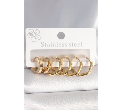 316L Çelik Gold Renk Geometrik Halka Model Kadın Küpe Seti - TJ-BKP10391