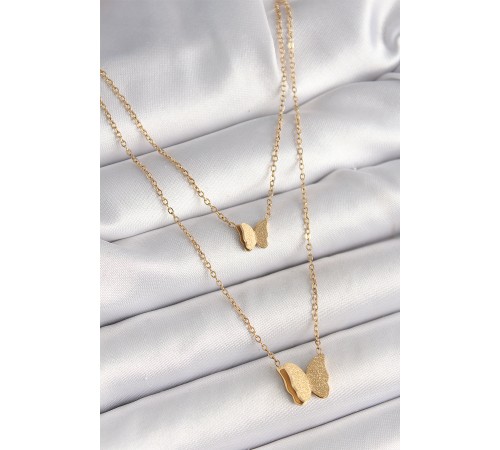 316L Çelik Gold Renk 2'Li Simli Model Kadın Kolye - TJ-BKO9928