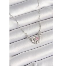 316L Çelik Gümüş Renk Zirkon Taşlı Hilal Pembe Kalp Model Kadın Kolye - TJ-BKO9930