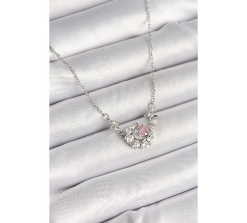 316L Çelik Gümüş Renk Zirkon Taşlı Hilal Pembe Kalp Model Kadın Kolye - TJ-BKO9930