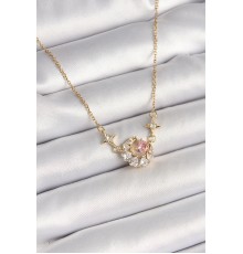 316L Çelik Gold Renk Zirkon Taşlı Hilal Pembe Kalp Model Kadın Kolye - TJ-BKO9932
