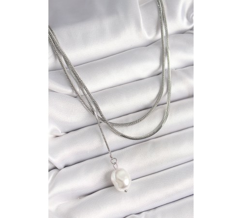 316L Çelik Gümüş Renk İtalyan Zincir Model Sallantı İnci Figür Kadın Kolye - TJ-BKO9935
